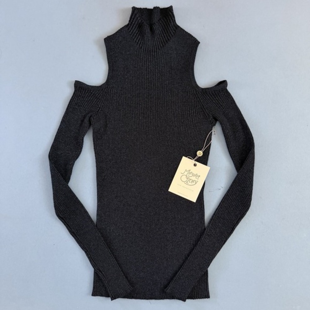 NWT Margaret O'Leary Cold‎ Shoulder Ribbed Blue Metallic Sweater